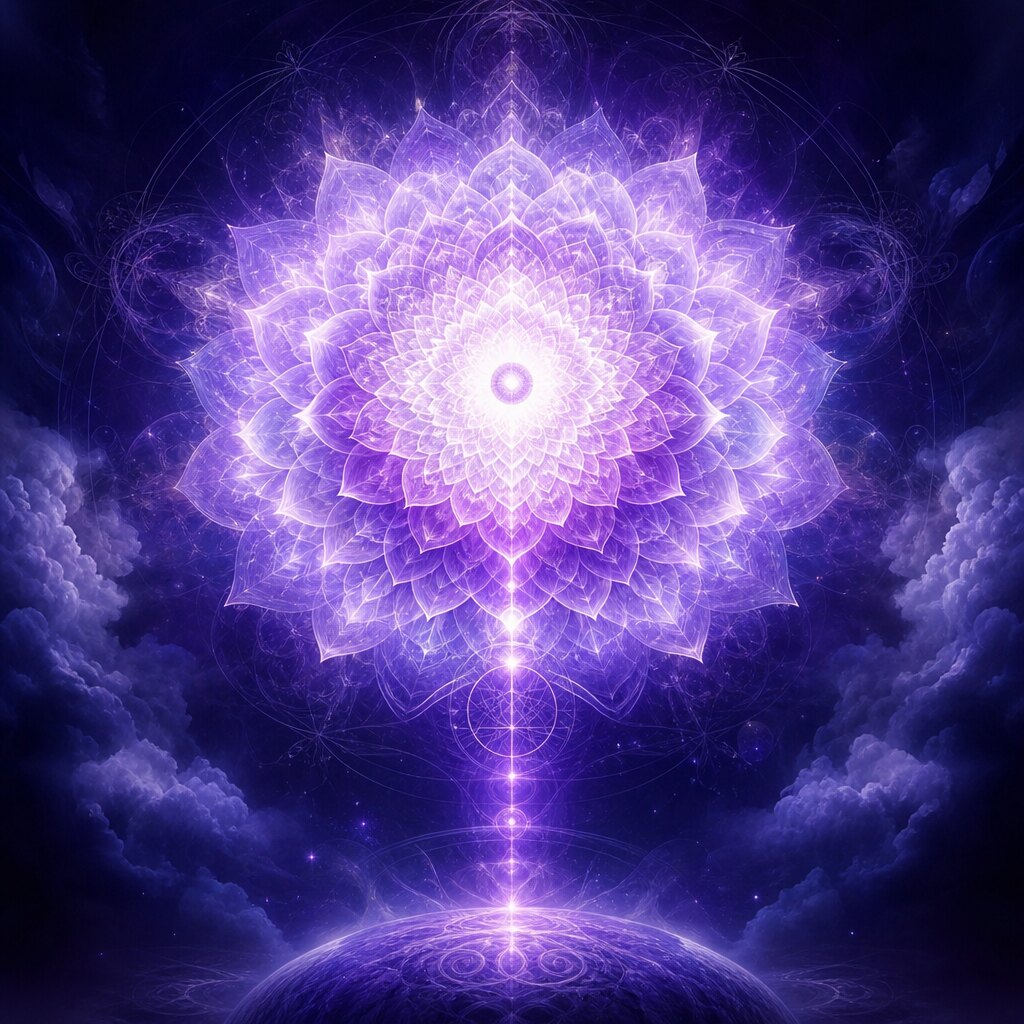 Mandala de loto luminoso de energía sobre un cielo cósmico violeta