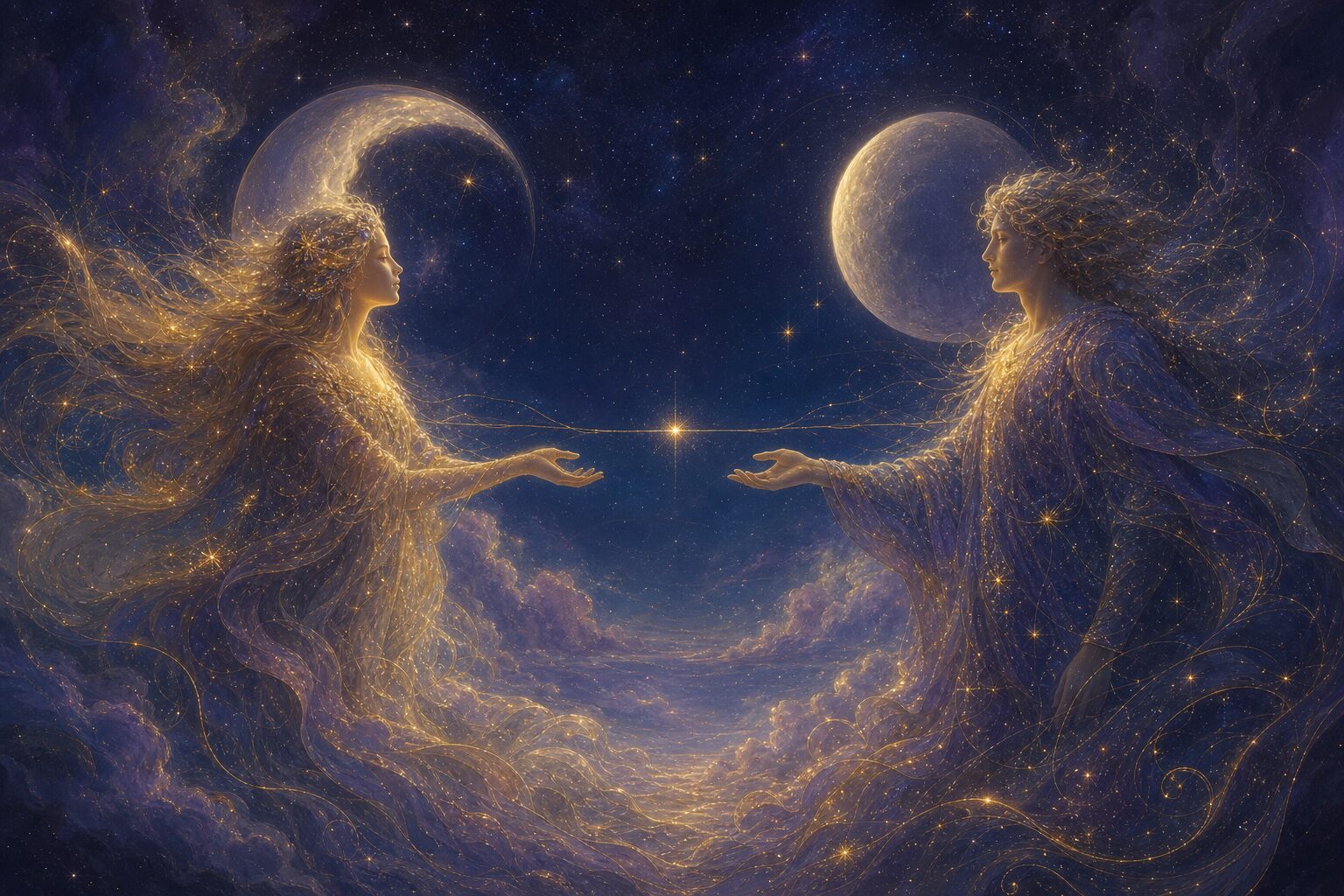 Dos figuras celestes unidas por un hilo de luz dorada bajo un cielo estrellado