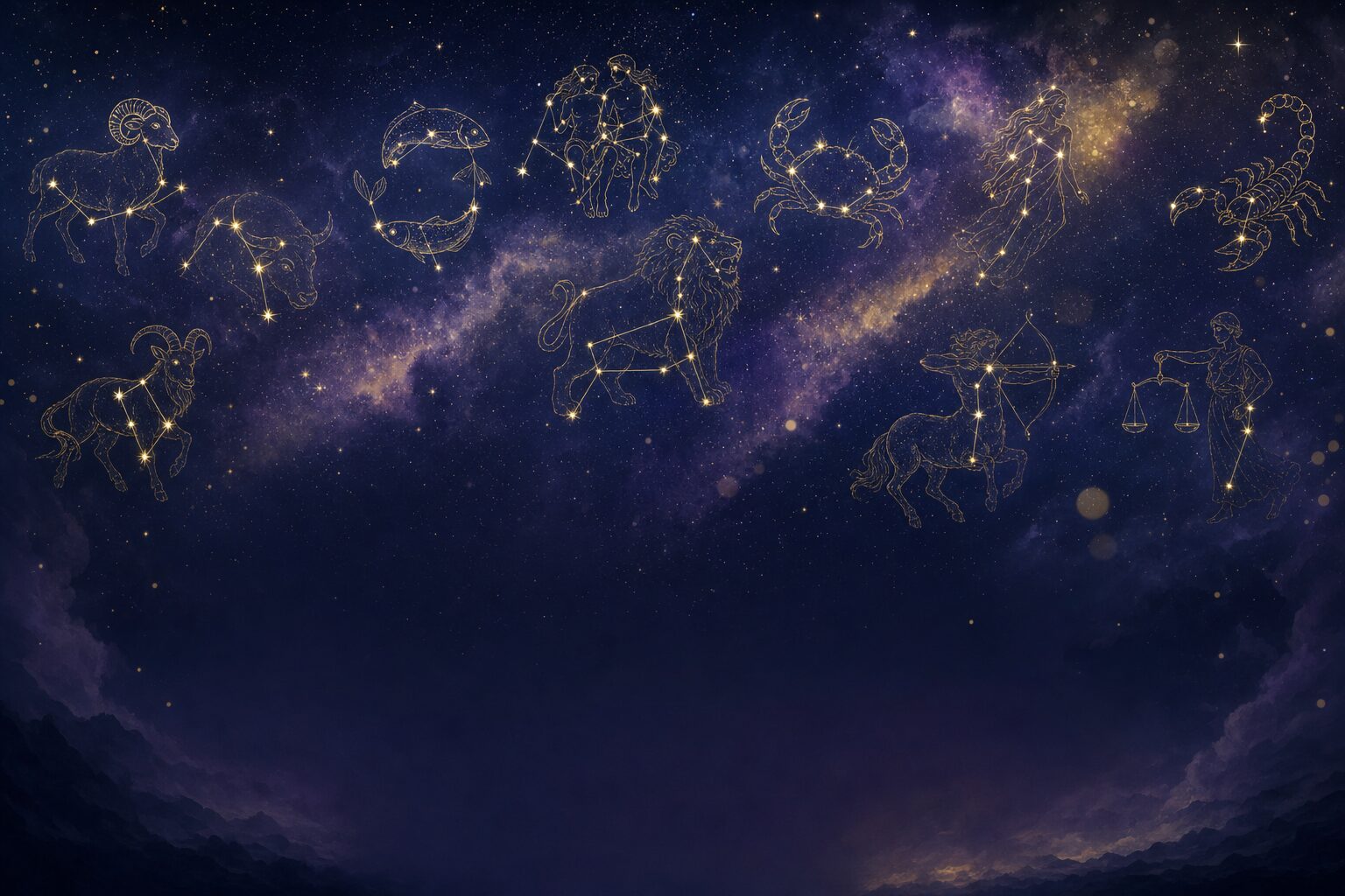 Cielo nocturno violeta con constelaciones del zodiaco dibujadas en líneas doradas que conectan estrellas brillantes