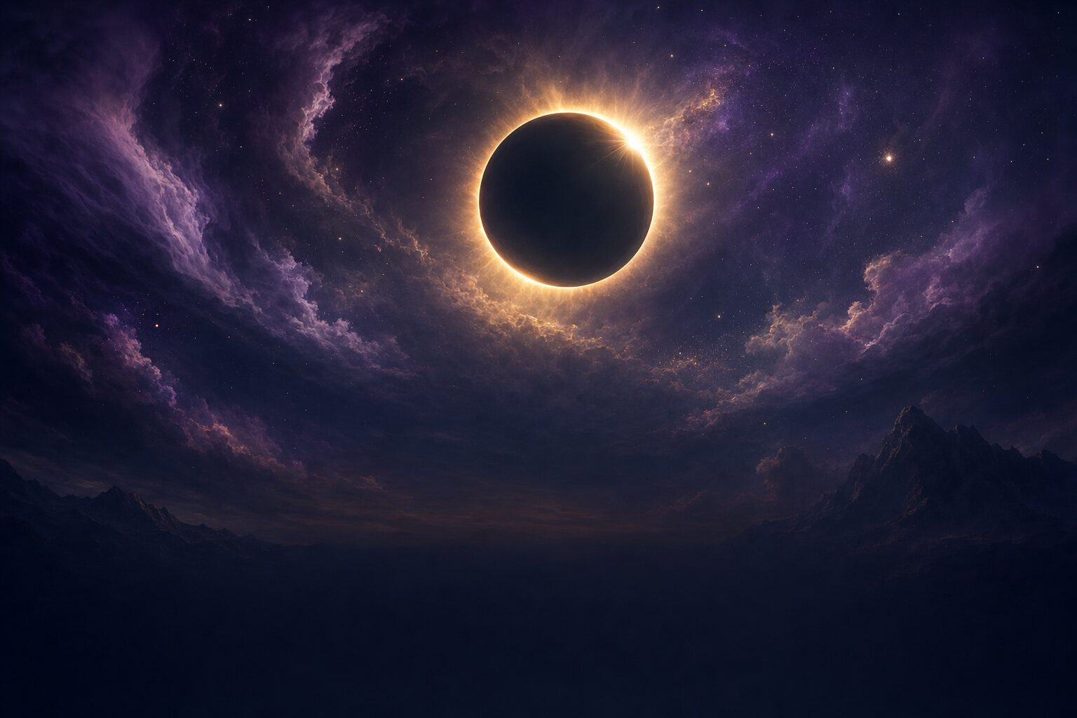 Eclipse solar total con una corona dorada brillante y el disco oscuro de la luna sobre un cielo violeta profundo con estrellas