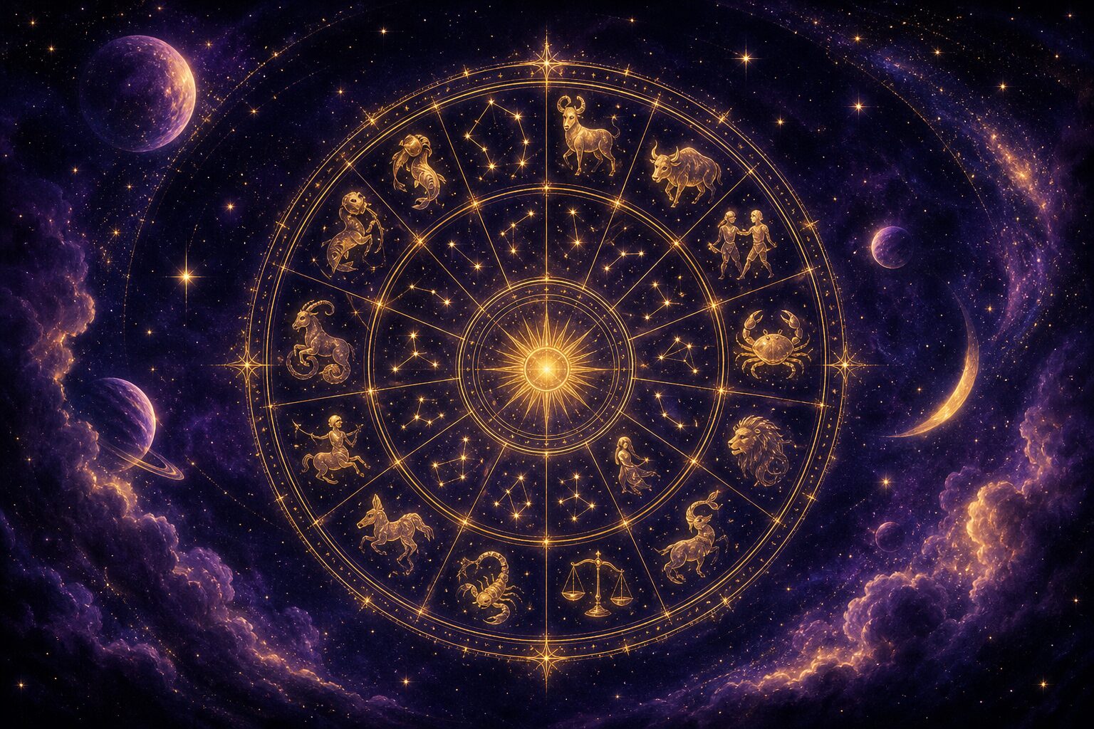 Rueda zodiacal dorada con las doce constelaciones sobre un cielo cósmico violeta