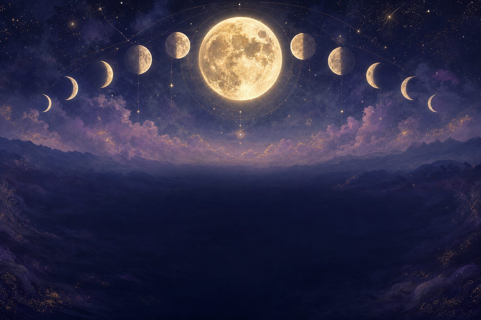 Una gran luna llena con cráteres dorados y un arco de fases lunares sobre un cielo nocturno violeta estrellado