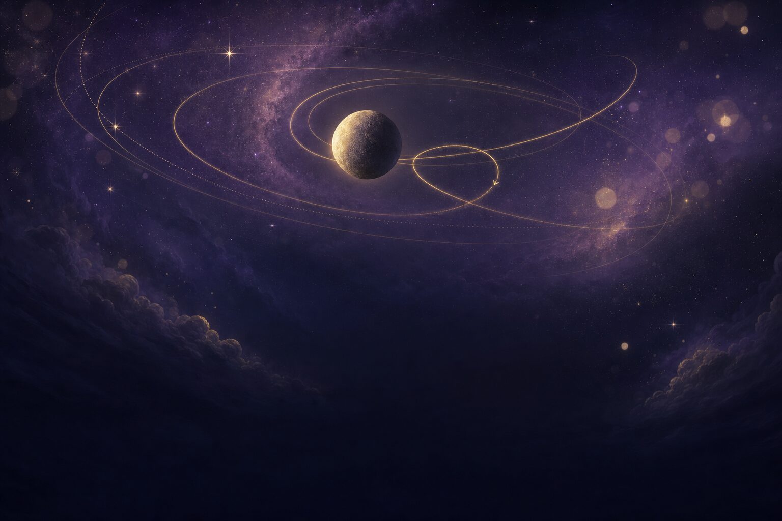 El planeta Mercurio con órbitas doradas luminosas y un bucle de movimiento retrógrado sobre un cielo cósmico violeta con estrellas