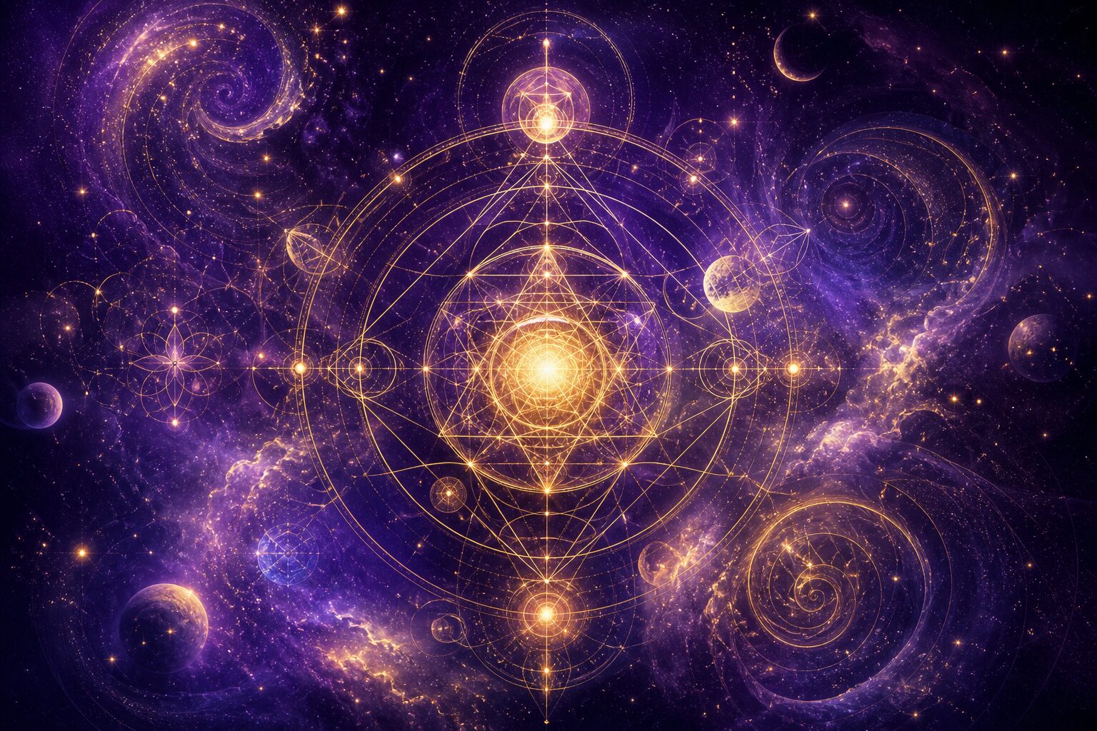 Geometría sagrada dorada y números luminosos flotando en el espacio cósmico violeta