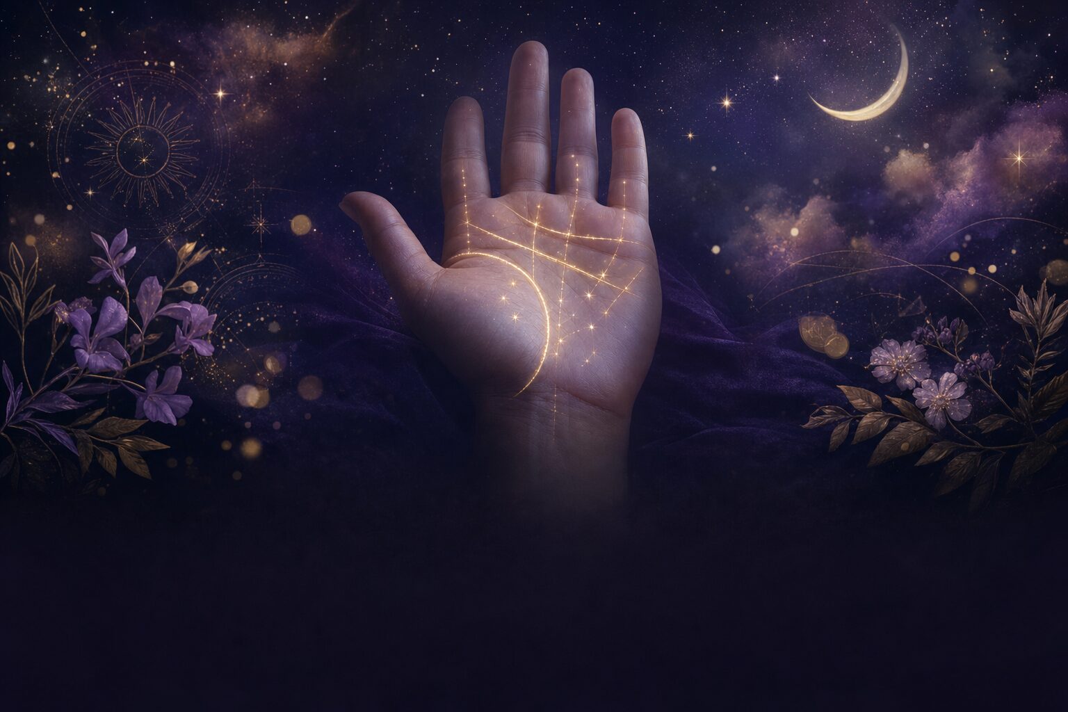 Una palma abierta con las líneas de la mano iluminadas en dorado como constelaciones, bajo un cielo nocturno violeta con una luna creciente