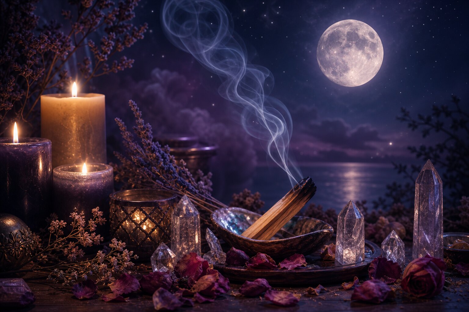 Altar místico con velas encendidas, humo de palo santo y cuarzos bajo la luna
