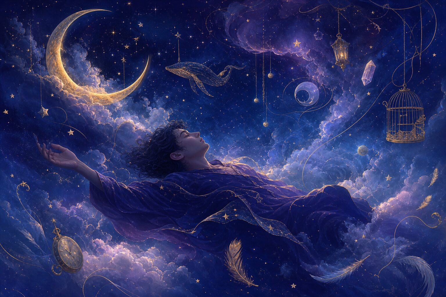 Escena onírica nocturna: una figura flotando entre nubes luminosas y símbolos de sueños bajo la luna