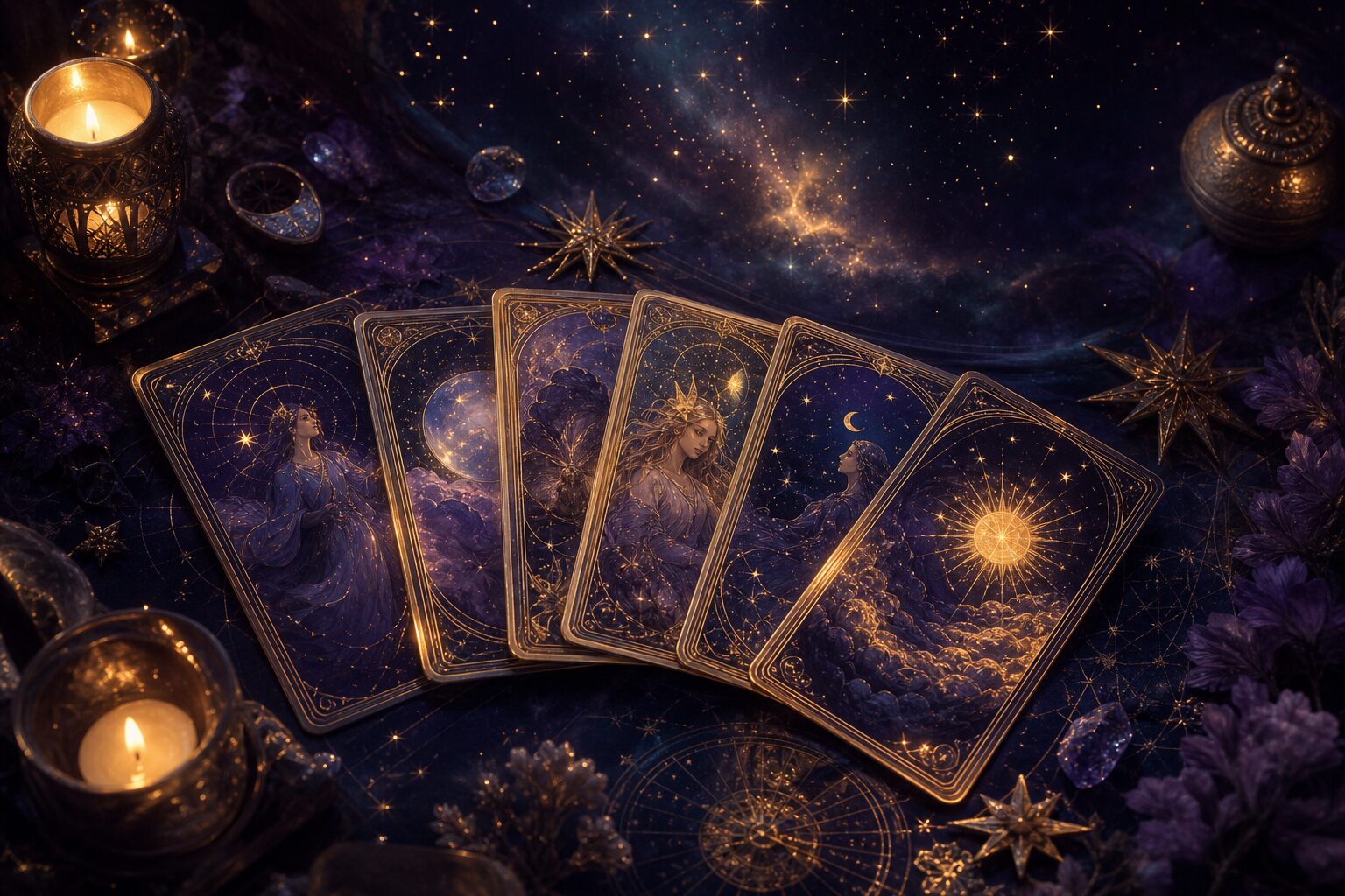 Tirada de cartas de tarot con bordes dorados sobre una mesa mística iluminada por velas