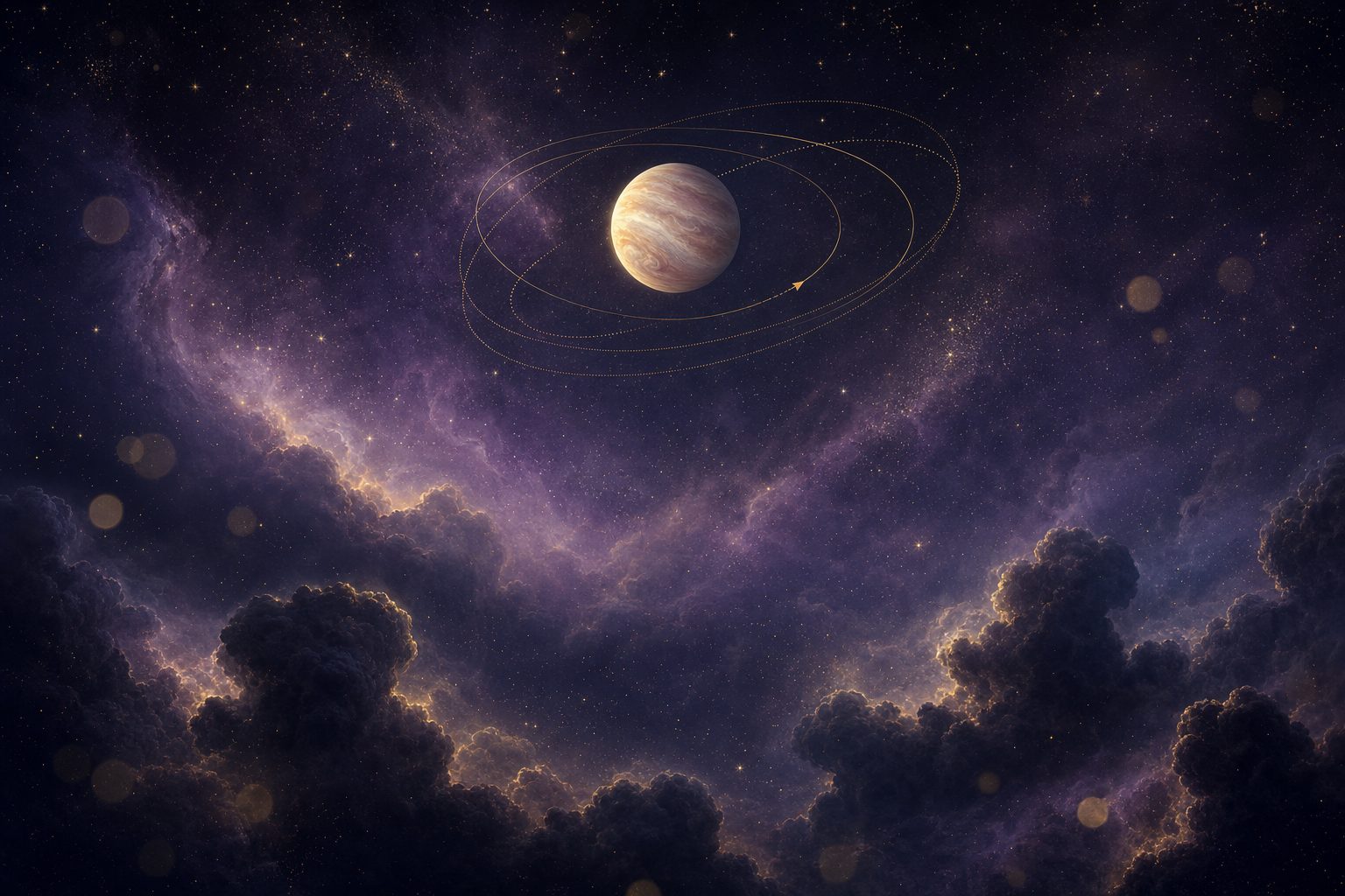 El planeta Venus, nacarado en tonos crema y rosa, rodeado de órbitas doradas que trazan un bucle retrógrado sobre un cielo cósmico violeta con nubes oscuras