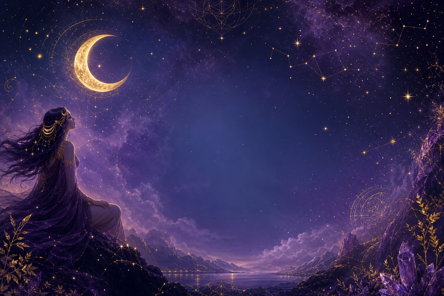 Cielo nocturno místico con luna dorada, constelaciones y una figura contemplando el firmamento