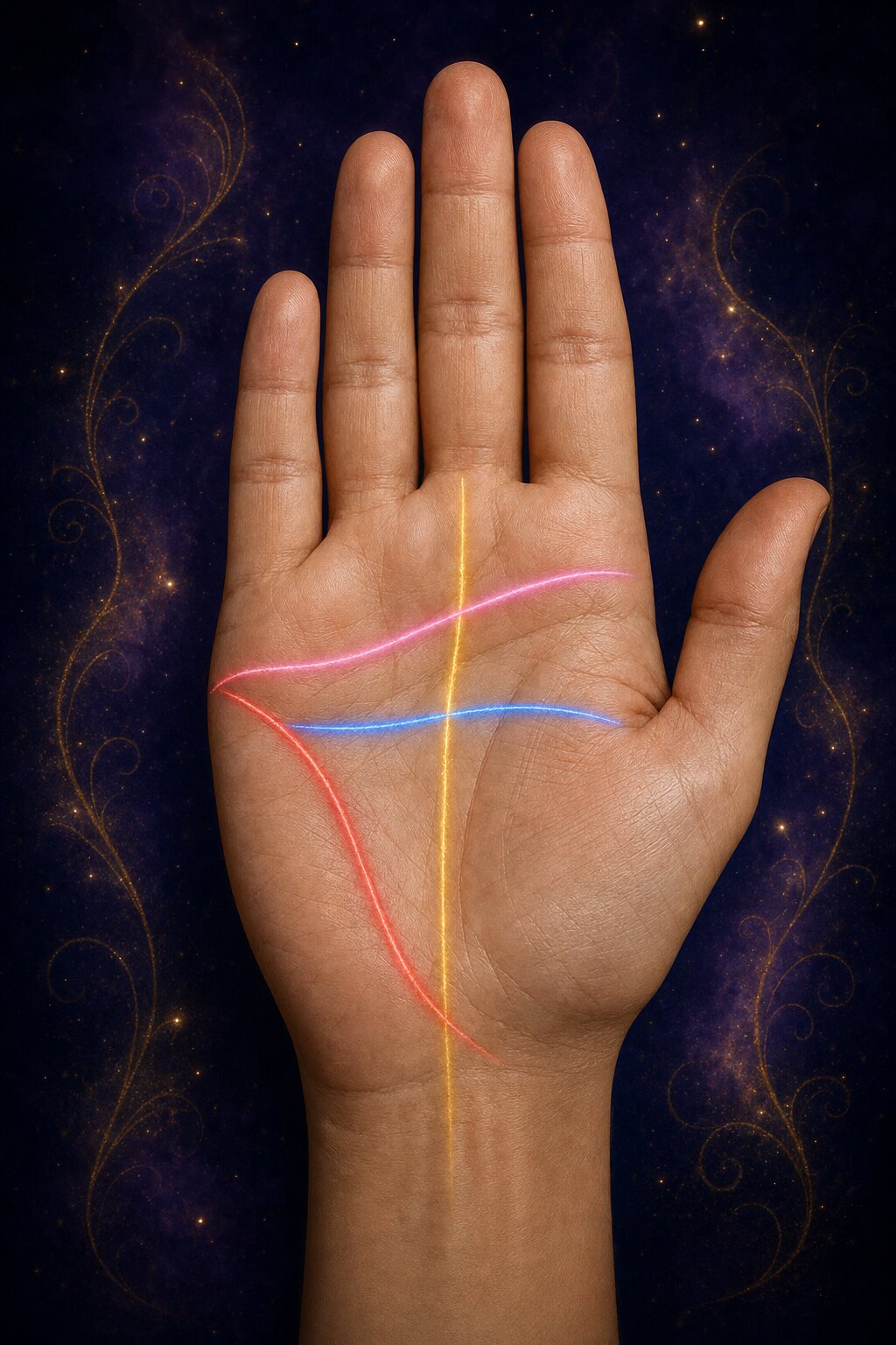 Palma con las cuatro líneas principales en color: la línea de la vida en rojo alrededor del pulgar, la del corazón en rosa en la parte alta, la de la cabeza en azul en el centro y la del destino en dorado en vertical